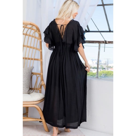 SOLD OUT Black Gauze Boho Button Short Slv Deep V Woven Gathered Maxi Dress - Picture 7 of 7